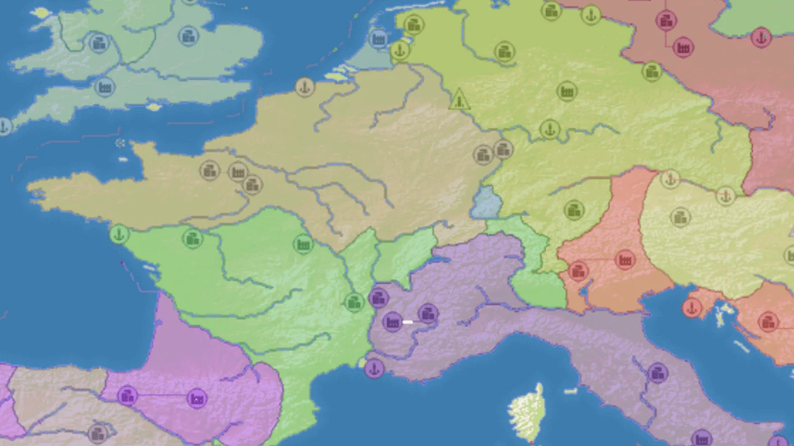 OpenFront real-time strategic map showing territorial borders and front line troop deployments