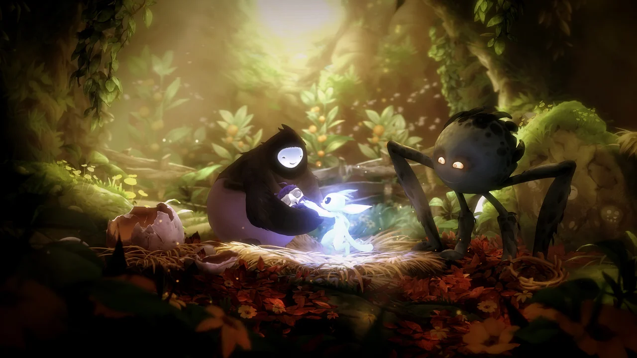 Luminescent spirit Ori standing in a nest beside forest guardians Naru and Gumo with baby owlet Ku