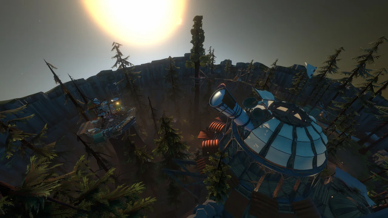 Curved surface of a small planet showing an observatory dome with a telescope beside pine trees and a glowing sun