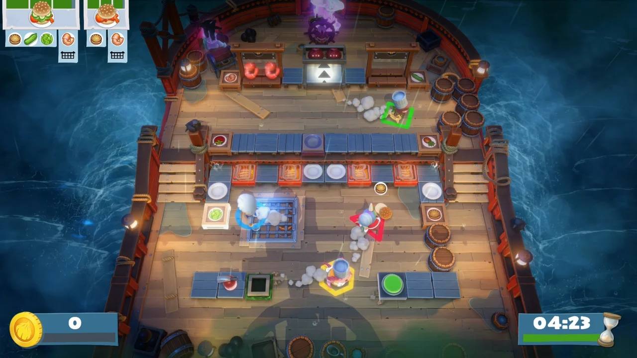 Overcooked All You Can Eat pirate ship kitchen level with rocking wooden deck, food tickets, and flaming cooking stoves