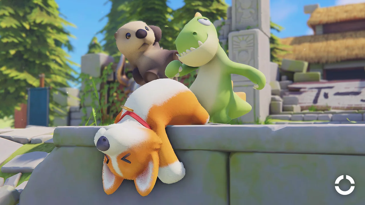 Party Animals characters including a corgi, otter, and dinosaur wrestling near ancient stone temple ledges