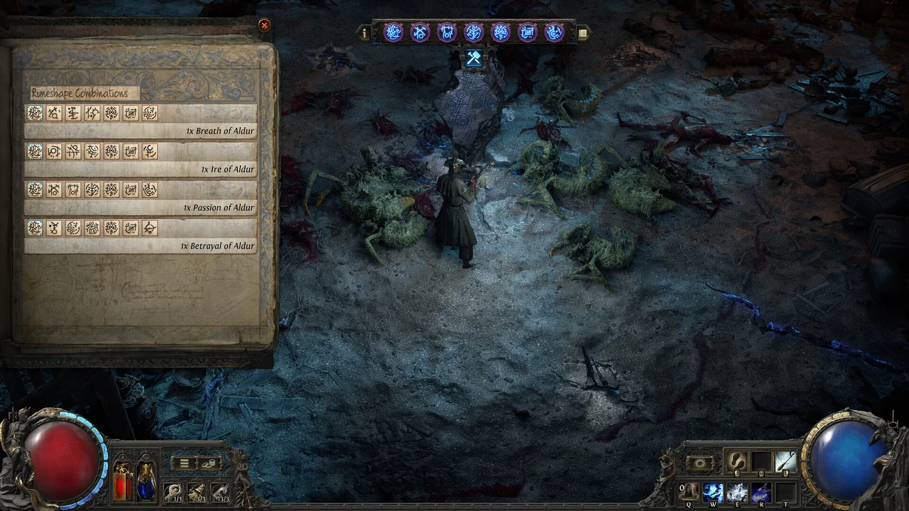 Gameplay screenshot of Path of Exile 2 showing dark isometric dungeon combat, spell effects, and character abilities