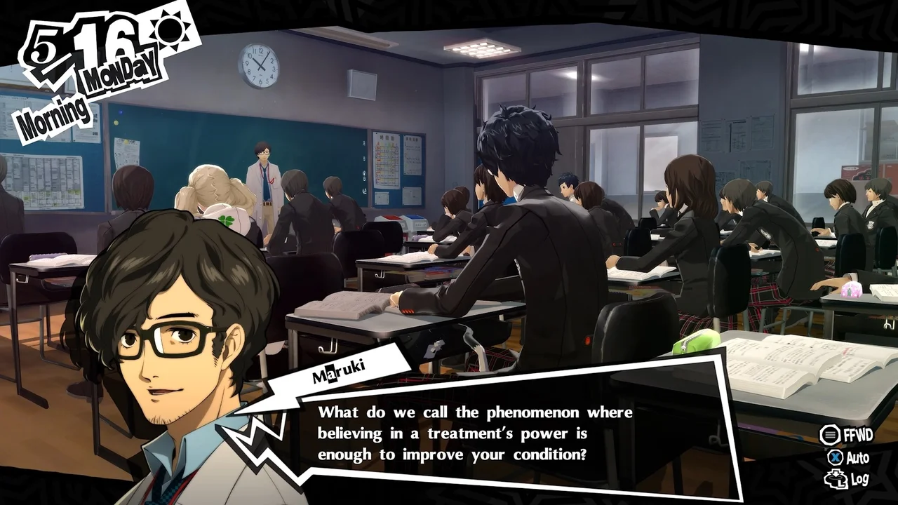 Gameplay screenshot of Persona 5 Royal showing stylish anime turn-based combat menus, Persona summons, and UI design
