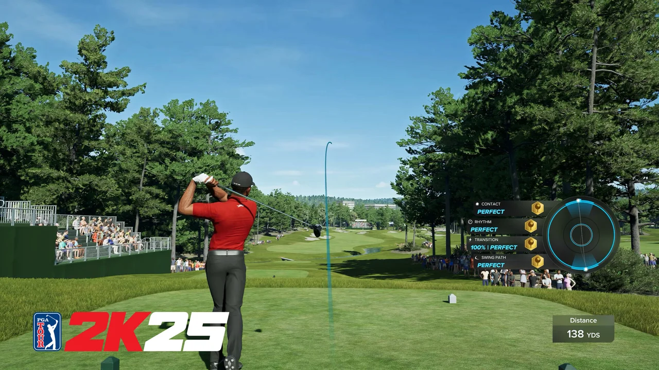 Gameplay screenshot of PGA TOUR 2K25 showing golfer addressing tee shot along championship fairway