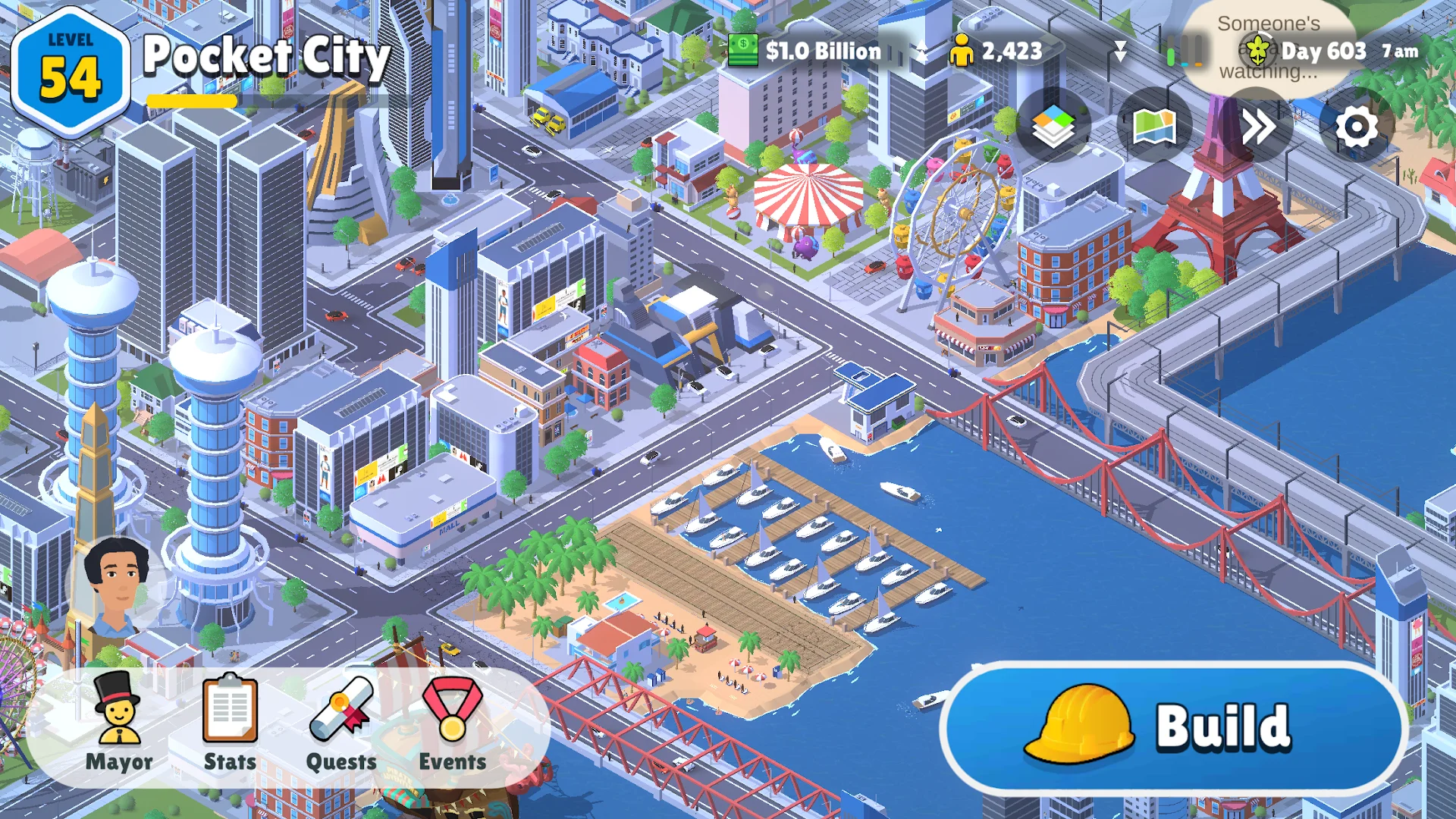 Pocket City 2 gameplay showing an isometric 3D view of bustling downtown streets, skyscrapers, and residential roads