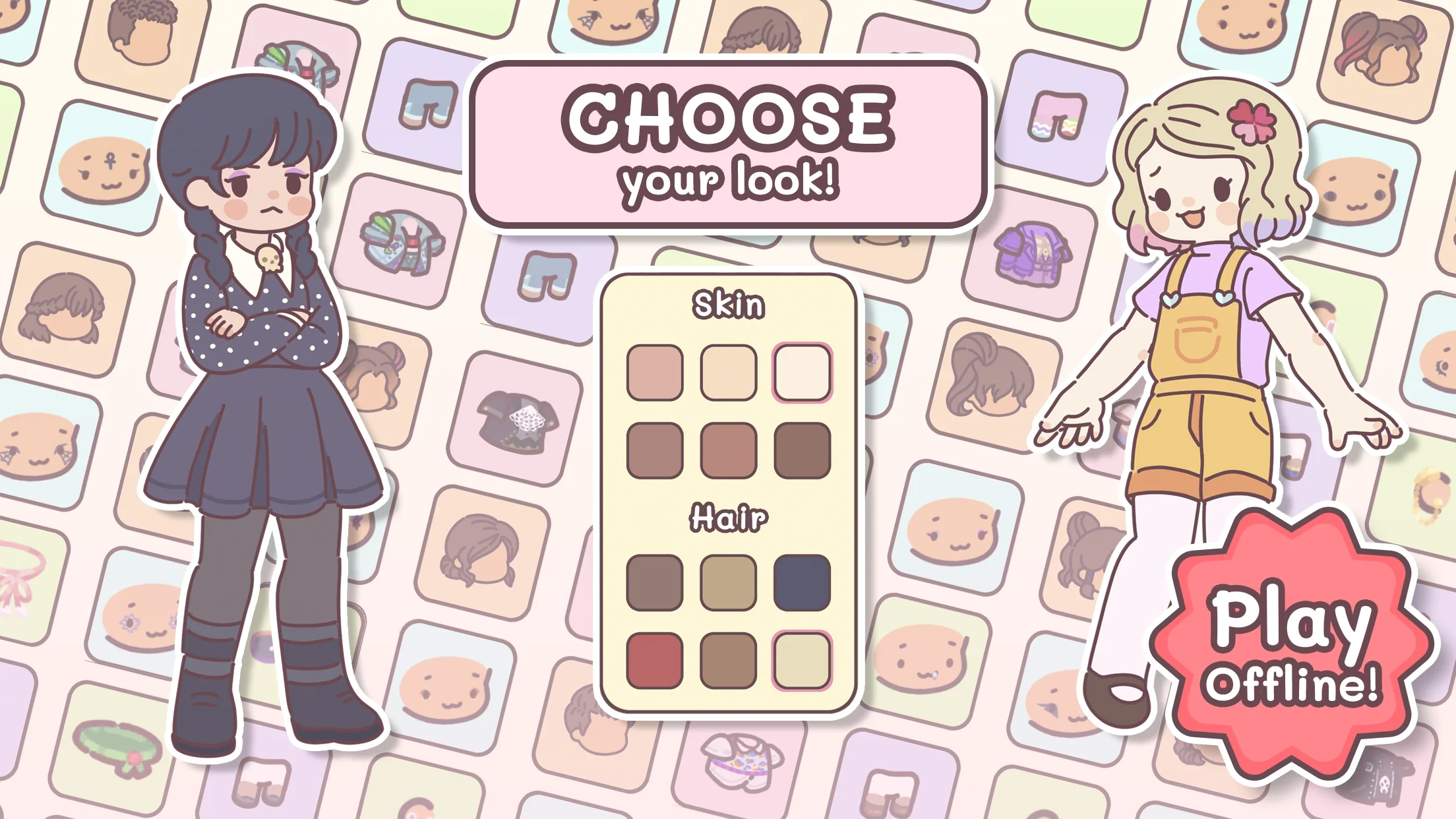Chibi character creation screen showing skin and hair palette options with two styled avatars, one in gothic dark academia and one in casual dungarees