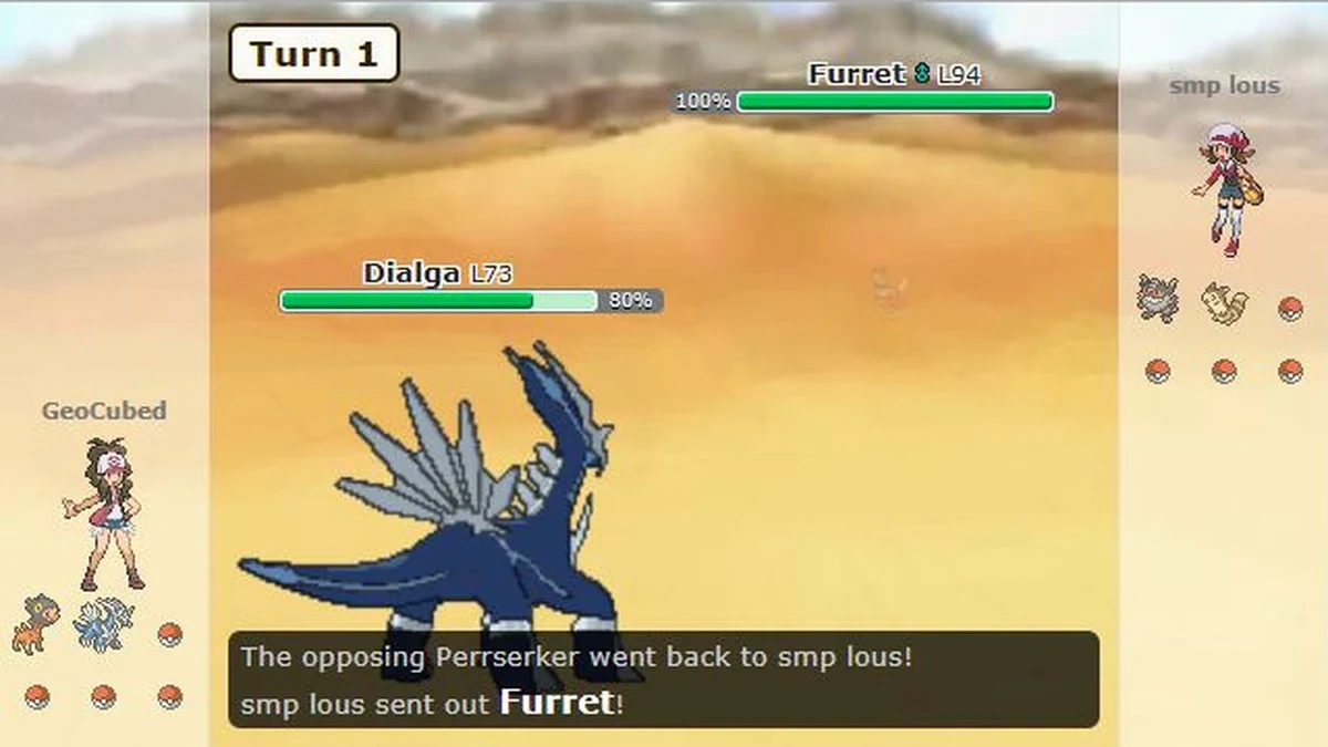 Pokémon Showdown turn-based battle arena interface with animated battle sprites and move selectors