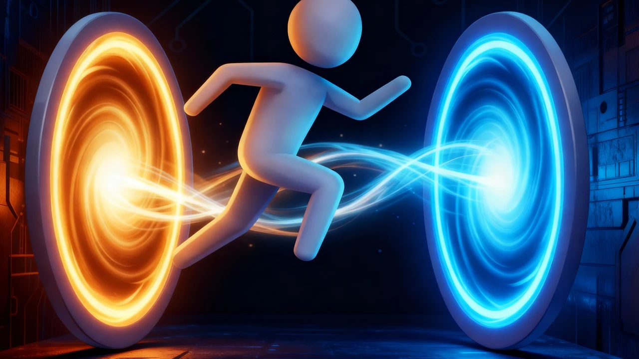 Portal Escape 3D test chamber with blue and orange portals on CrazyGames