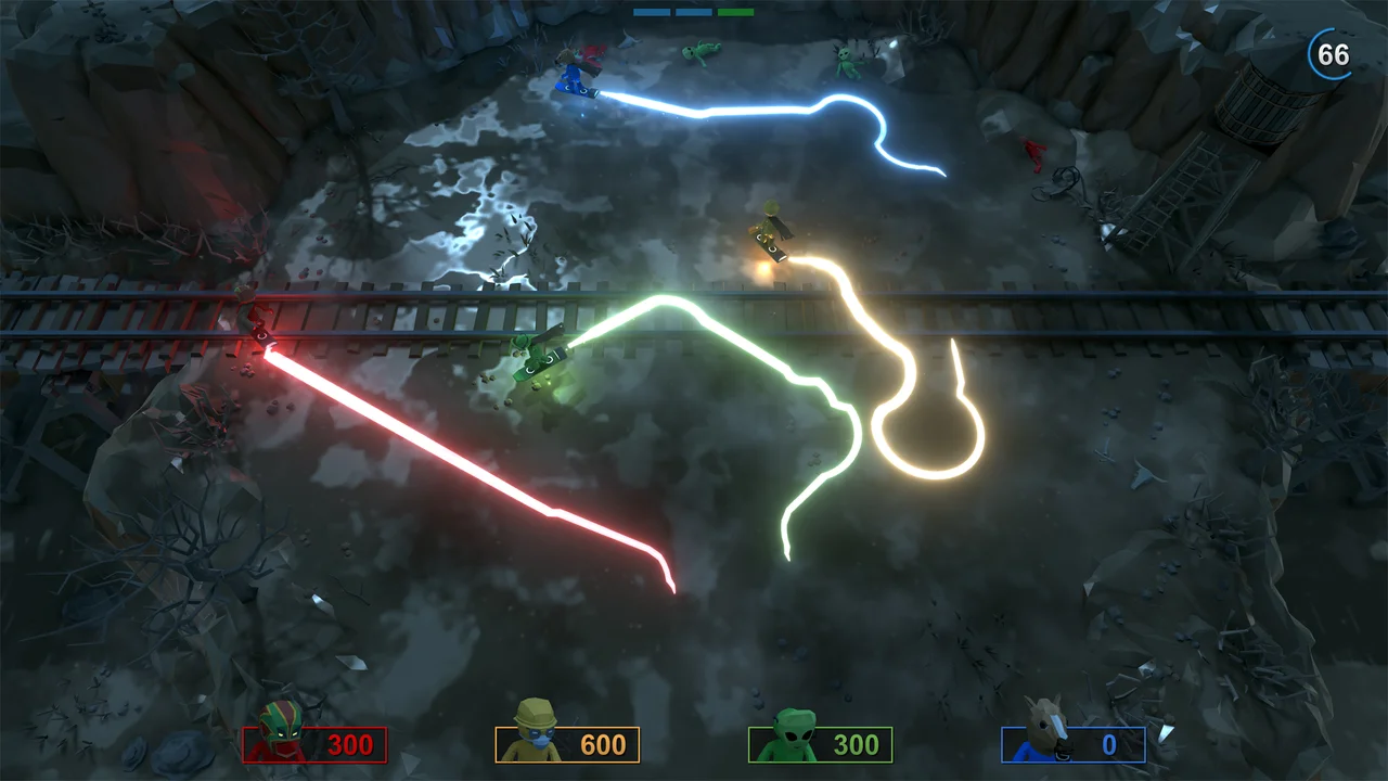 Pummel Party subterranean minecart arena mini-game with four player vehicles leaving colored light trails