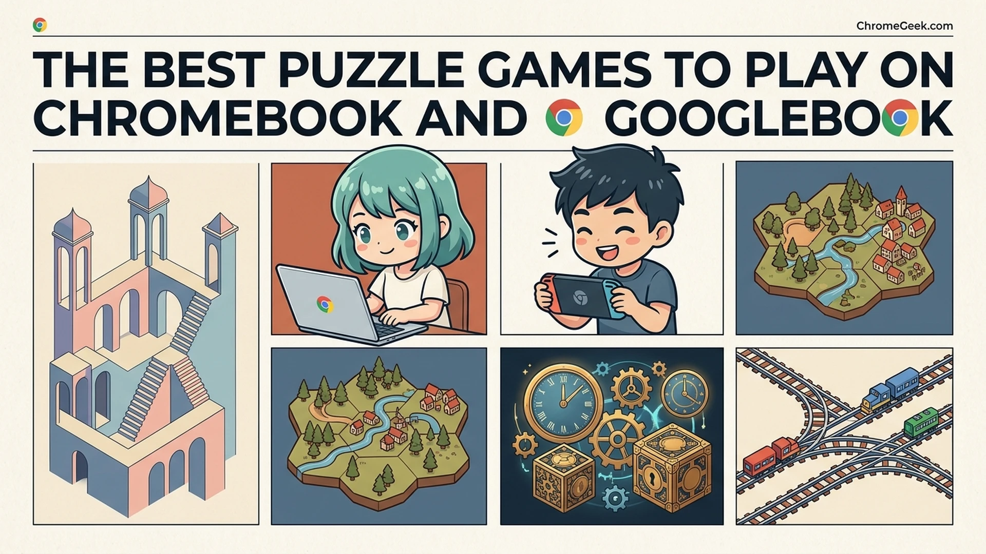 Editorial illustration of puzzle games on Chromebook and Googlebook with players and puzzle game panels