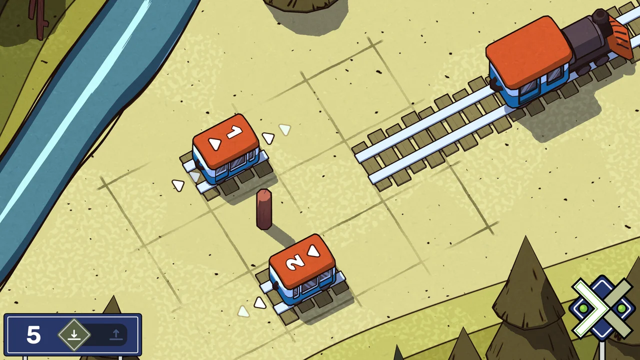 Railbound gameplay showing numbered carriages 1 and 2 on an isometric grid awaiting track switches to join a steam engine