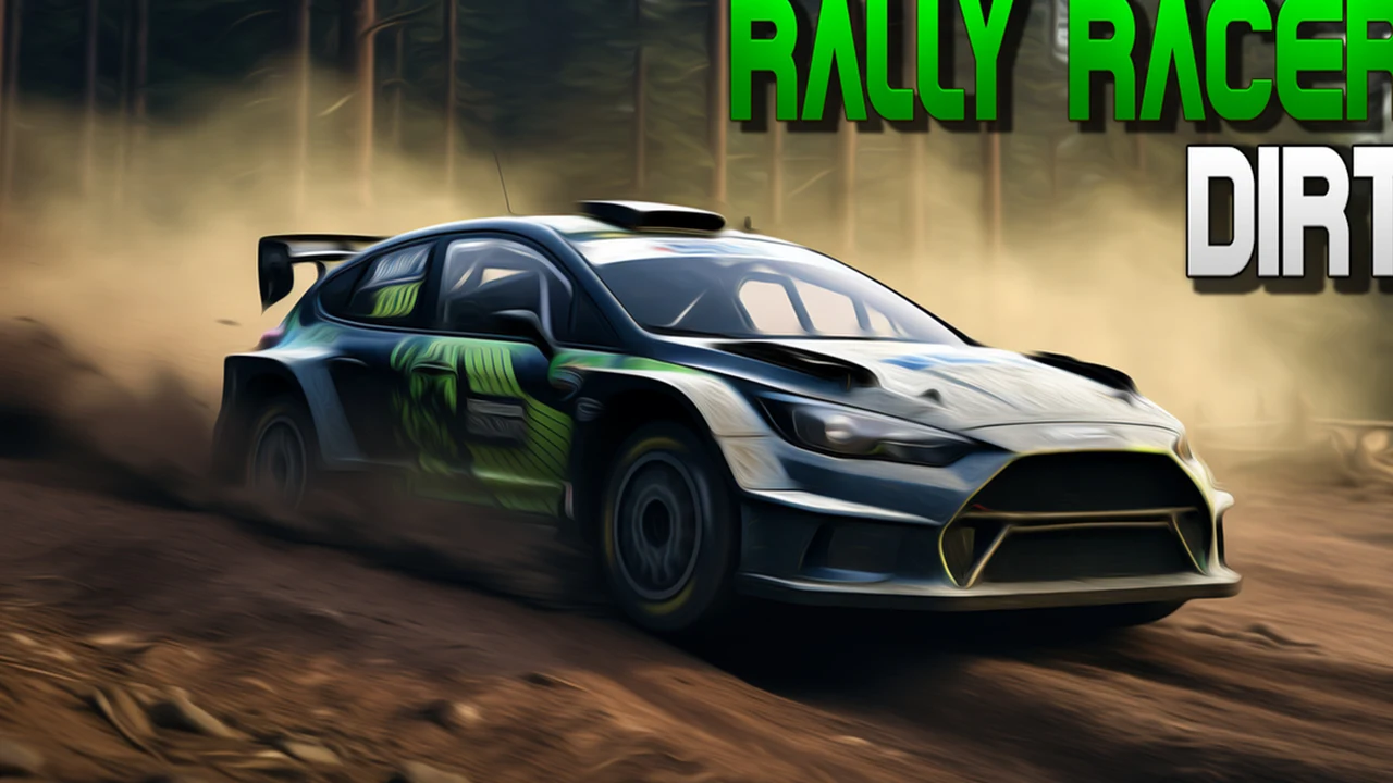 Rally Racer Dirt compact rally car drifting through loose dirt and dust clouds