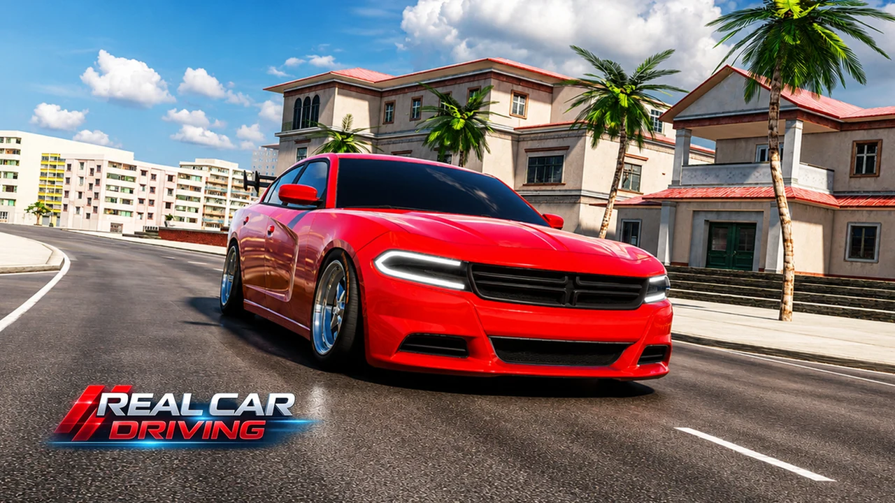 Real Car Driving modern sports car navigating an open city street with pedestrian sidewalks