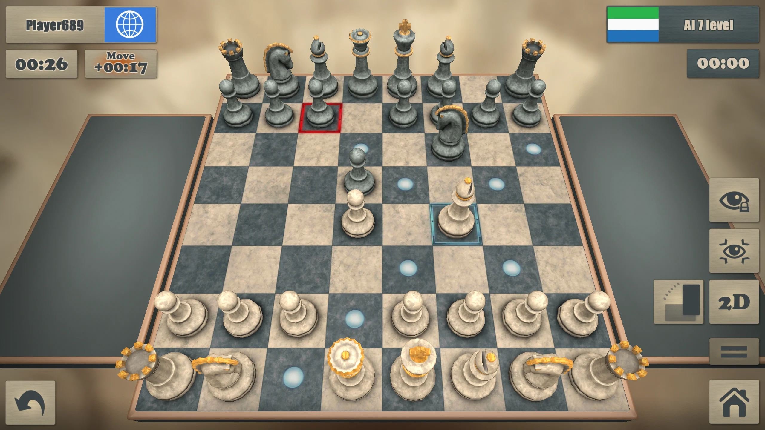 Isometric 3D view of a reflective marble chessboard with carved light and dark pieces in Real Chess