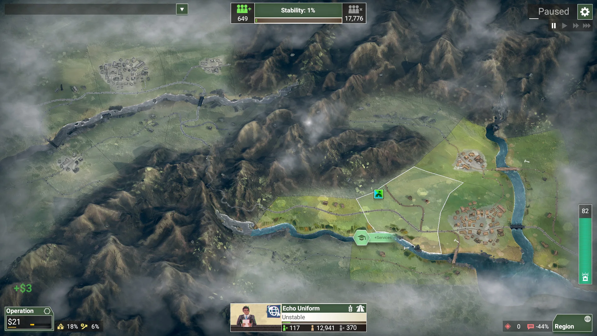 Rebel Inc gameplay showing a tactical map of mountainous regions marked with stability percentages and soldier deployments