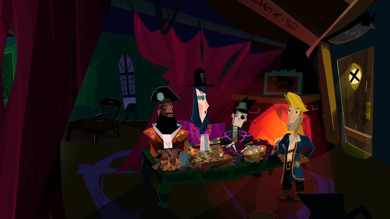 Guybrush Threepwood talking to pirate leaders around a tavern table in the Scumm Bar