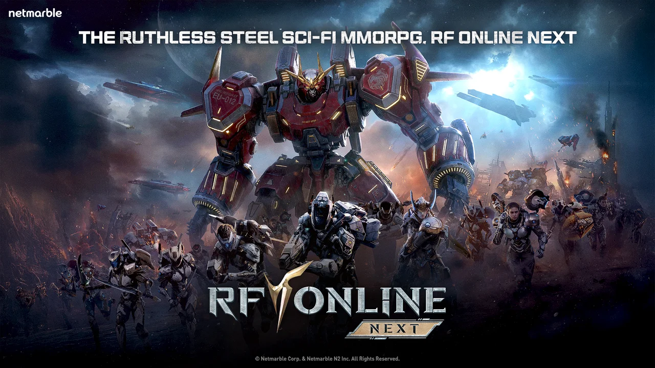 RF ONLINE NEXT armored combatants and robotic exosuits engaging in high-tech faction battles across alien mineral fields