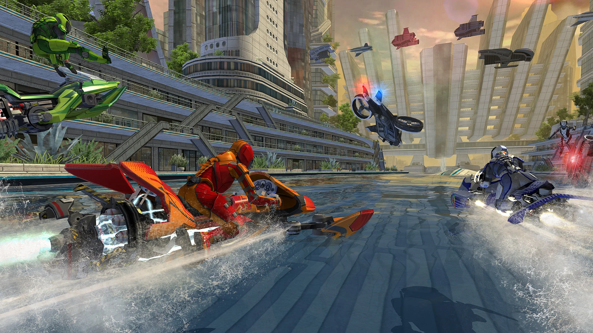 Riptide GP: Renegade gameplay showing an armored hydrojet catching air over churning waves in a neon-lit canal