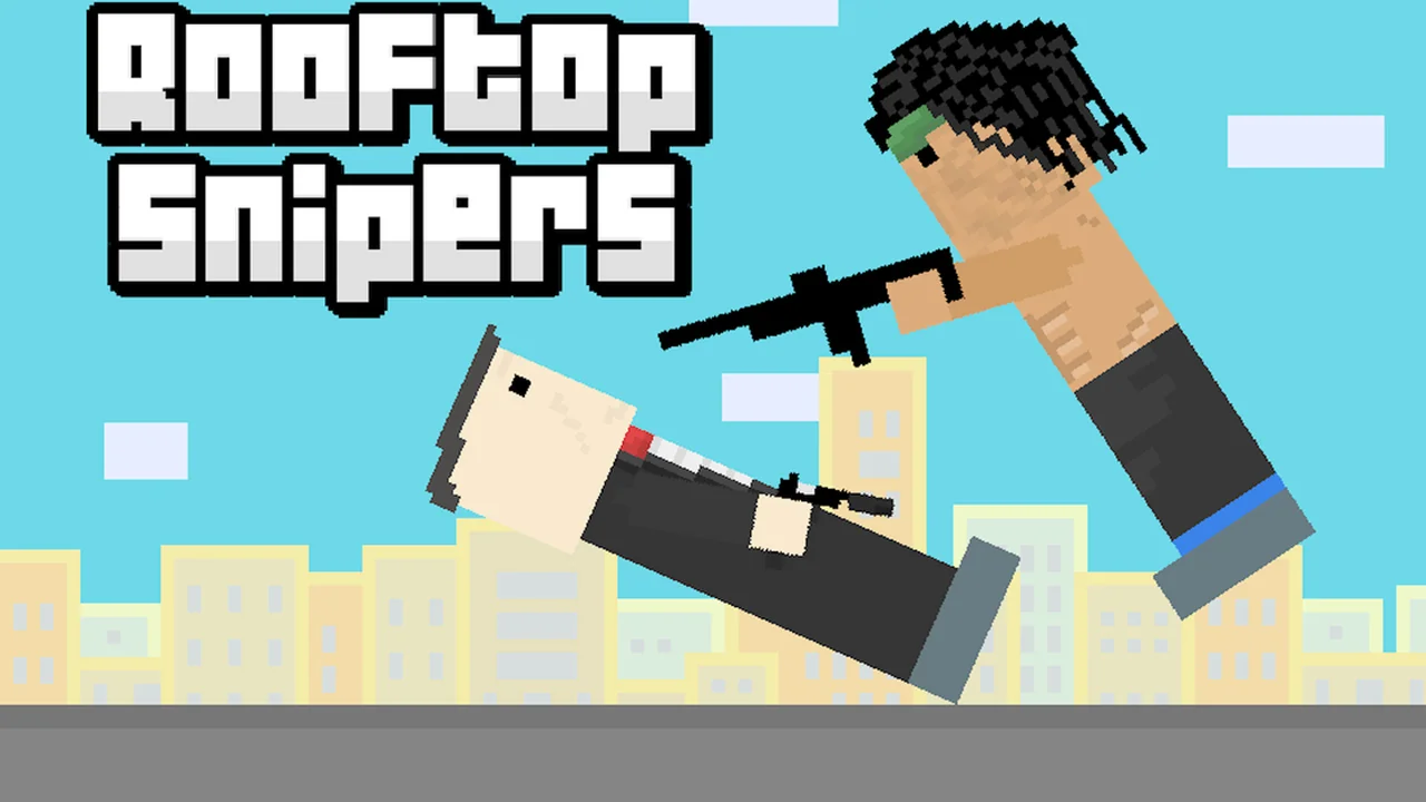 Rooftop Snipers local two-player physics shooter duel on city skyscraper ledge
