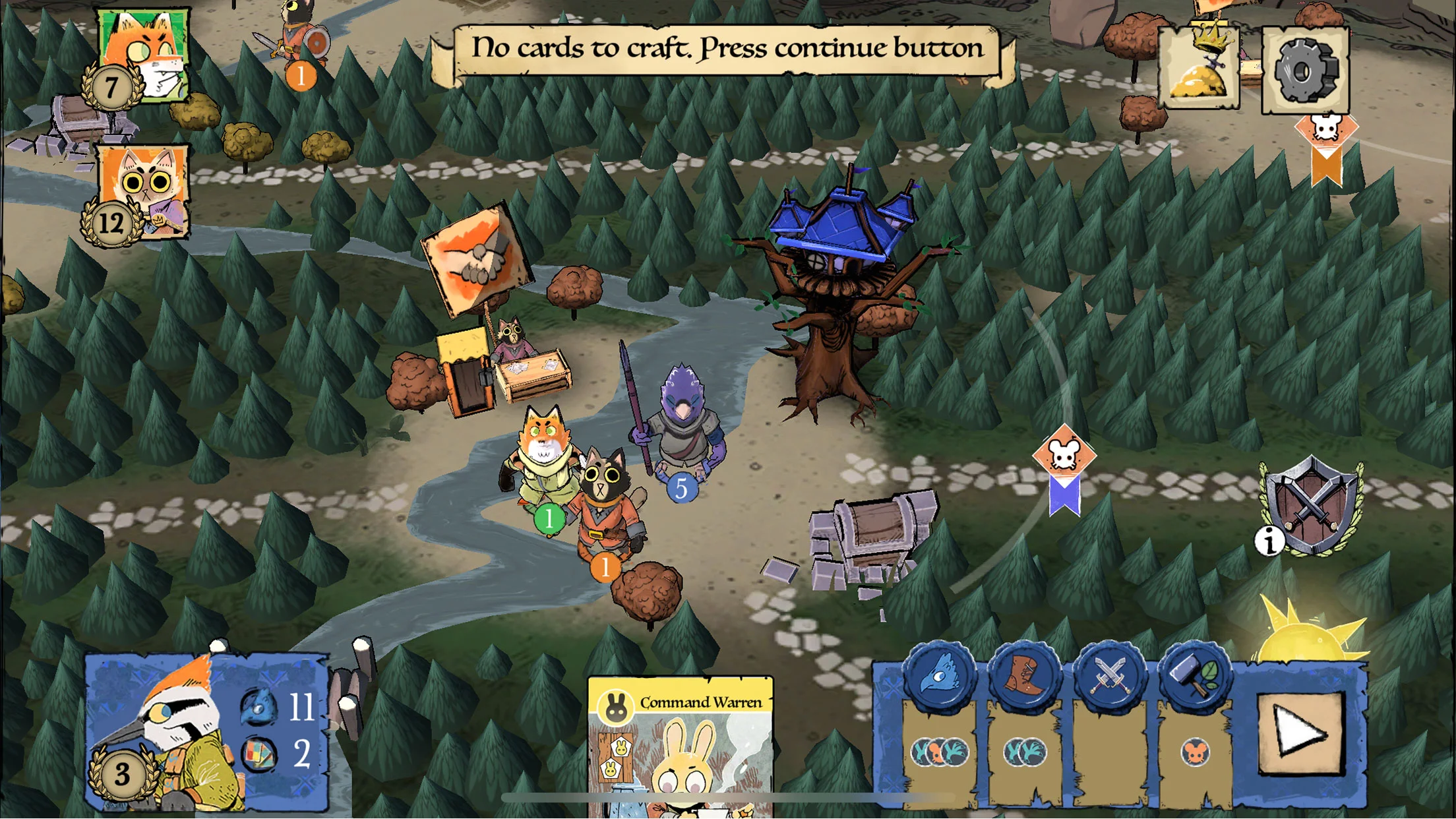 Gameplay screenshot of Root Board Game showing woodland clearings, Eyrie roosts, animal meeples, and faction command tracks