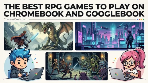 Editorial illustration of RPG games on Chromebook and Googlebook featuring fantasy, sci-fi, and tactical combat panels with players holding controllers