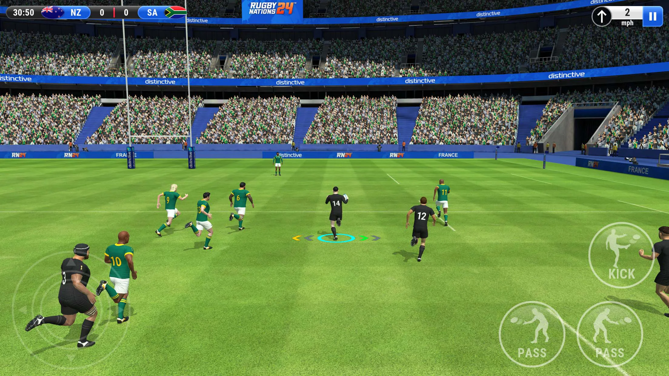 Gameplay screenshot of Rugby Nations 24 showing stadium pitch scrum and line-break tackle