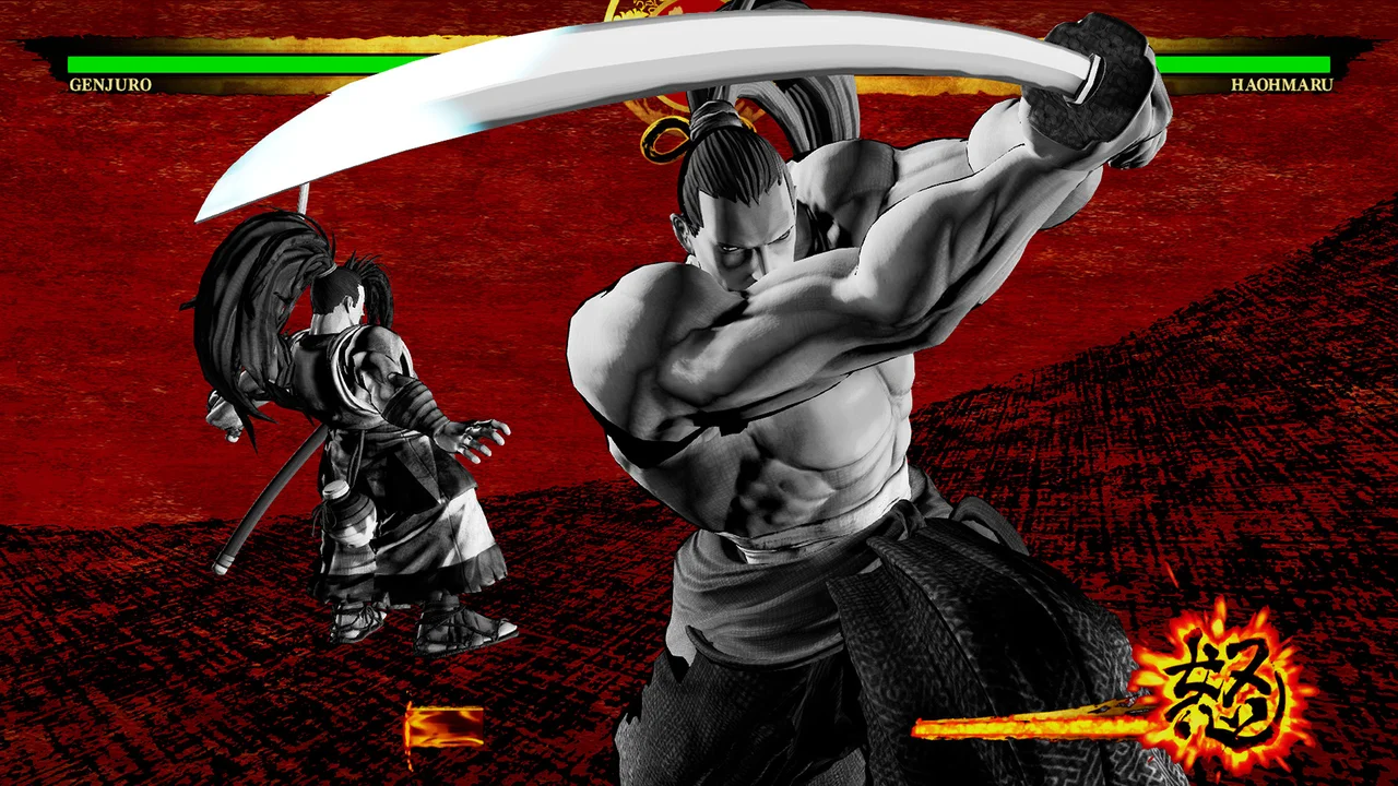 Haohmaru and Genjuro clashing katana blades with ink-wash visual effects in SAMURAI SHODOWN