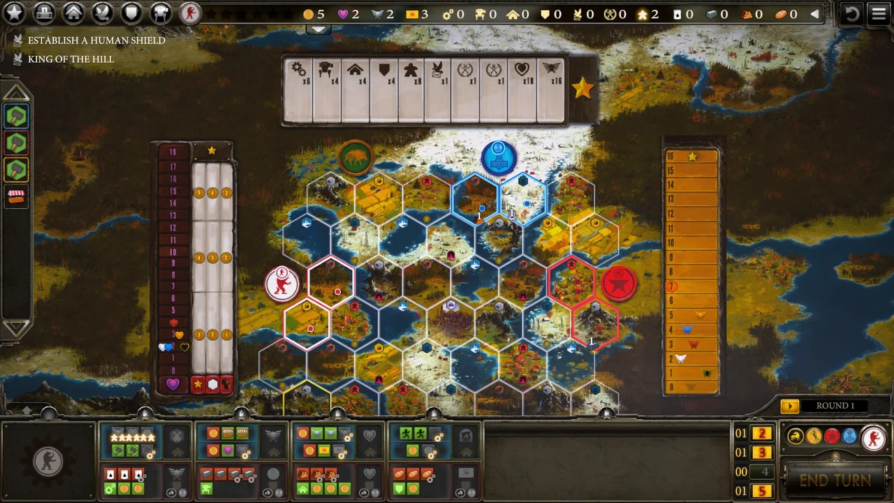 Gameplay screenshot of Scythe: Digital Edition showing the hex territory map, faction tokens, and player action mat