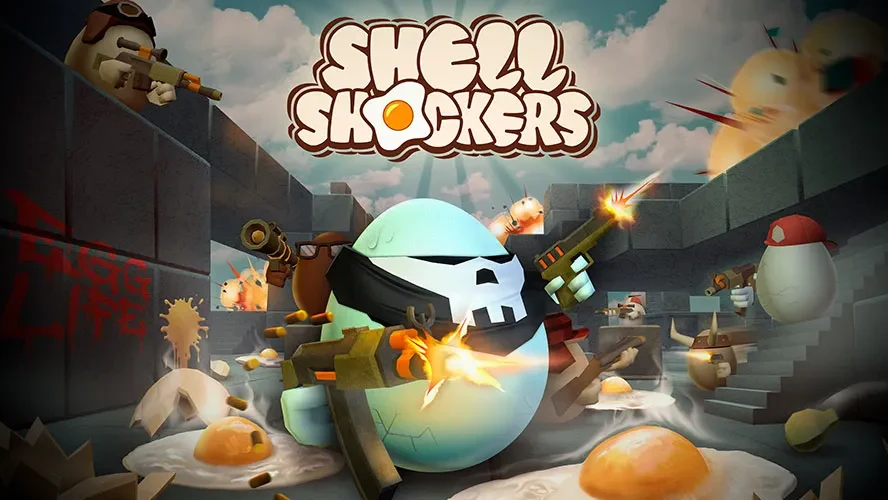 Shell Shockers first-person arena shootout featuring armed egg soldiers in combat