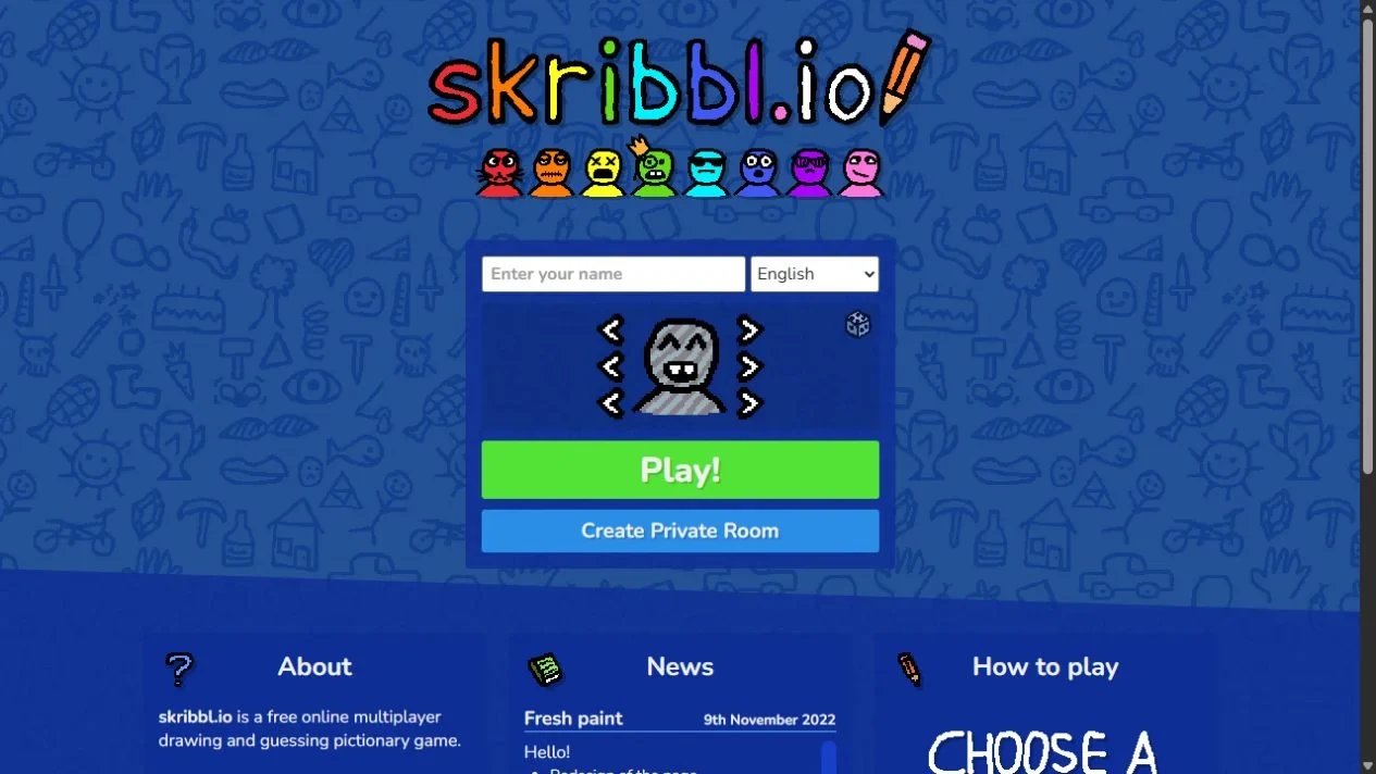 skribbl.io multiplayer drawing canvas and word guessing chat box in Chrome browser