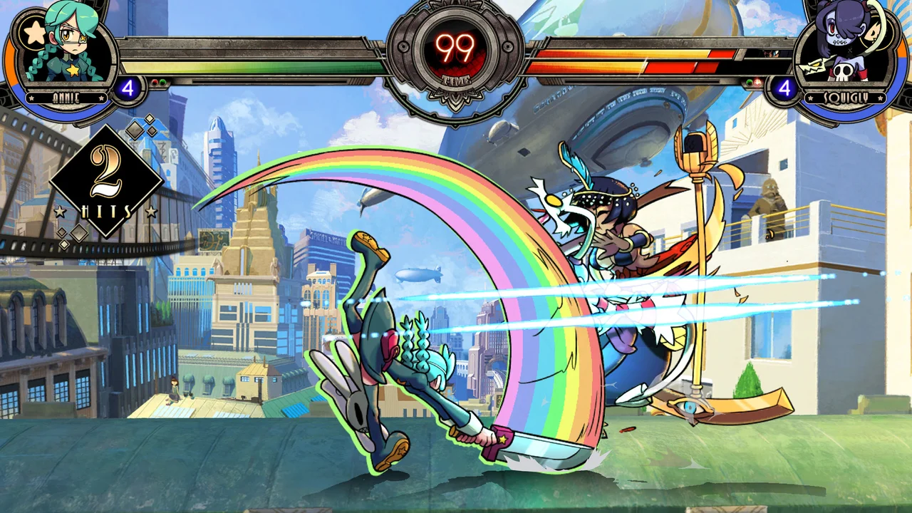 Filia and Cerebella battling on an art-deco stage with vibrant hand-drawn animation in Skullgirls 2nd Encore