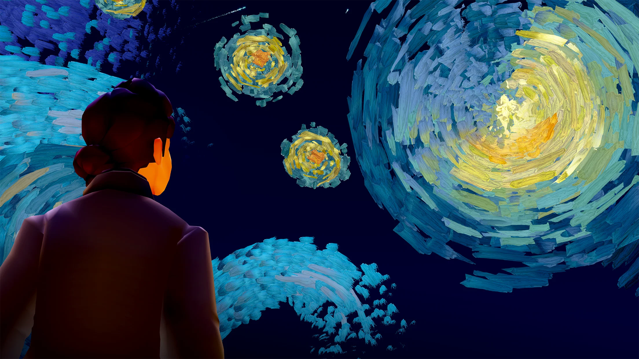 Stylized adventurer looking up at glowing brushstroke spirals and golden celestial formations in the night sky