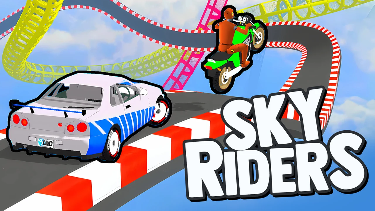 Sky Riders futuristic stunt vehicle balancing along narrow elevated sky track platforms
