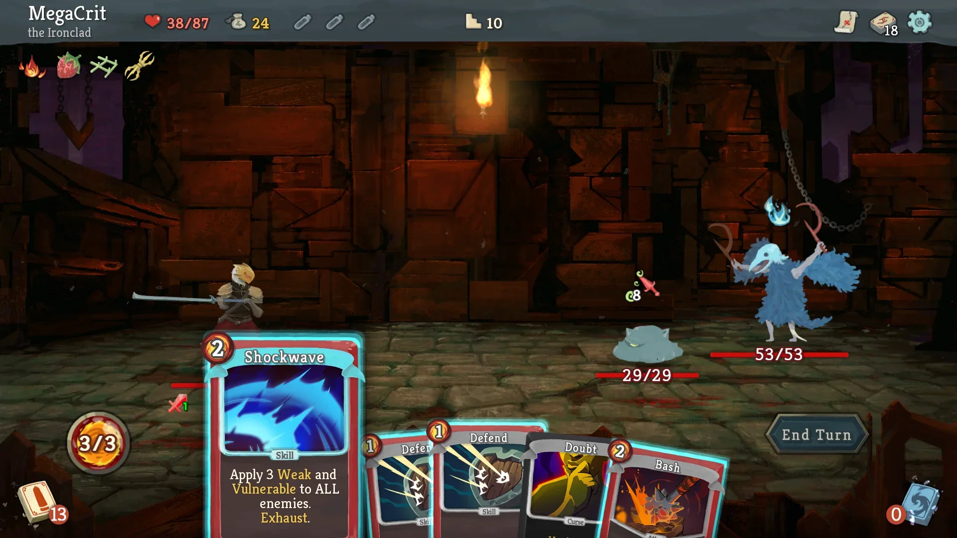 Slay the Spire gameplay showing the Ironclad character choosing combat cards from a hand against a giant dungeon cultist
