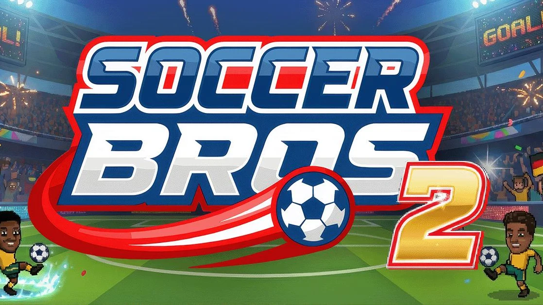 Soccer Bros 2 arcade pitch action showing stylized football players tackling and shooting