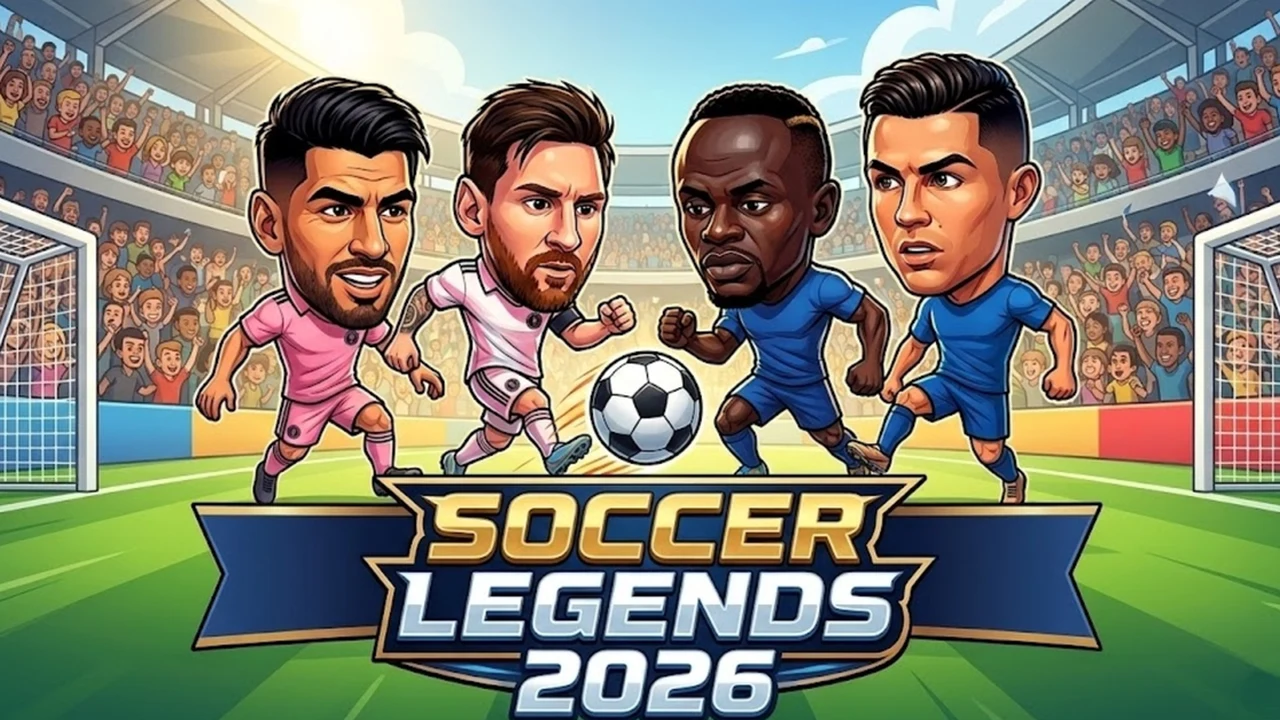 Soccer Legends 2026 cartoon soccer players contesting a ball in front of the goal net