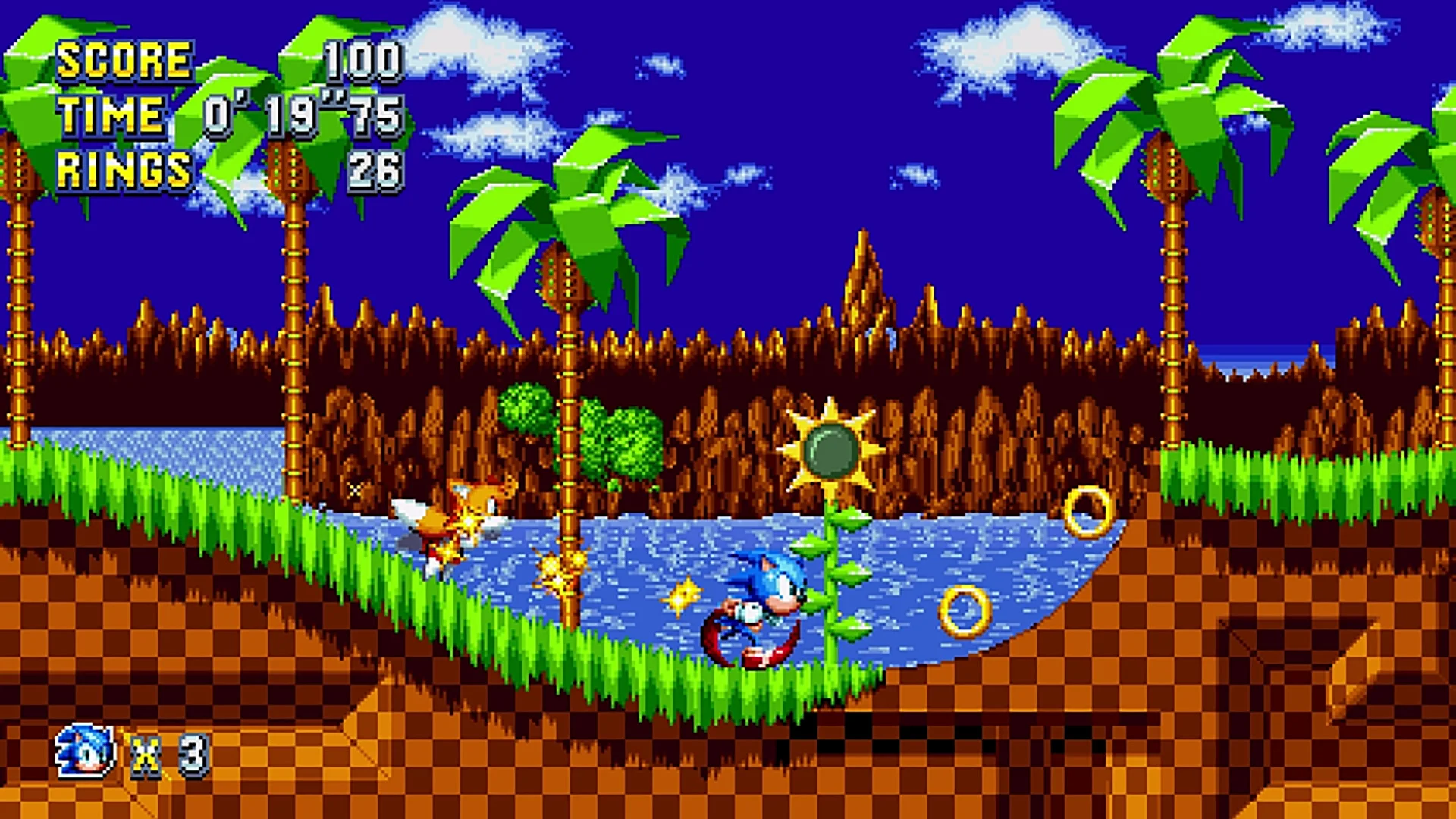 Gameplay screenshot of Sonic Mania Plus showing Sonic speeding through a looping corkscrew in Green Hill Zone