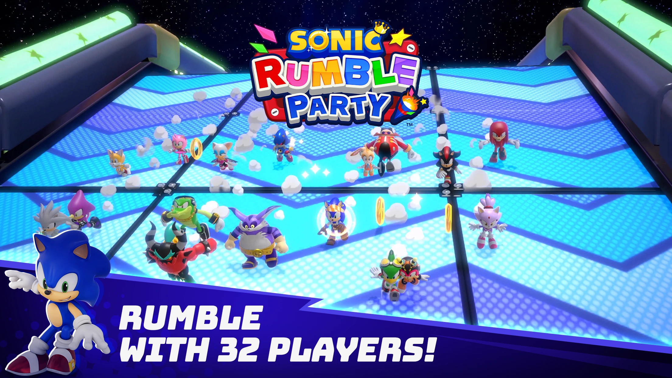 Sonic Rumble 32-player starting grid arena with Sonic, Tails, and Knuckles lined up for a party battle