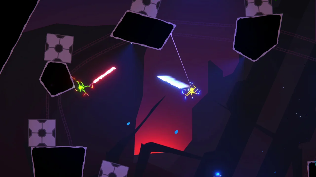 SpiderHeck void arena showing two spiders engaged in a mid-air duel with glowing red and blue laser swords