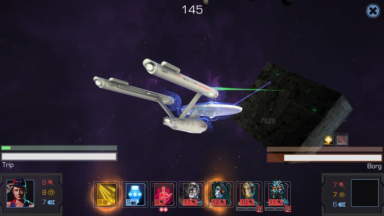 Gameplay screenshot of Star Trek Timelines showing starship bridge crew interface, mission skill checks, and starship combat