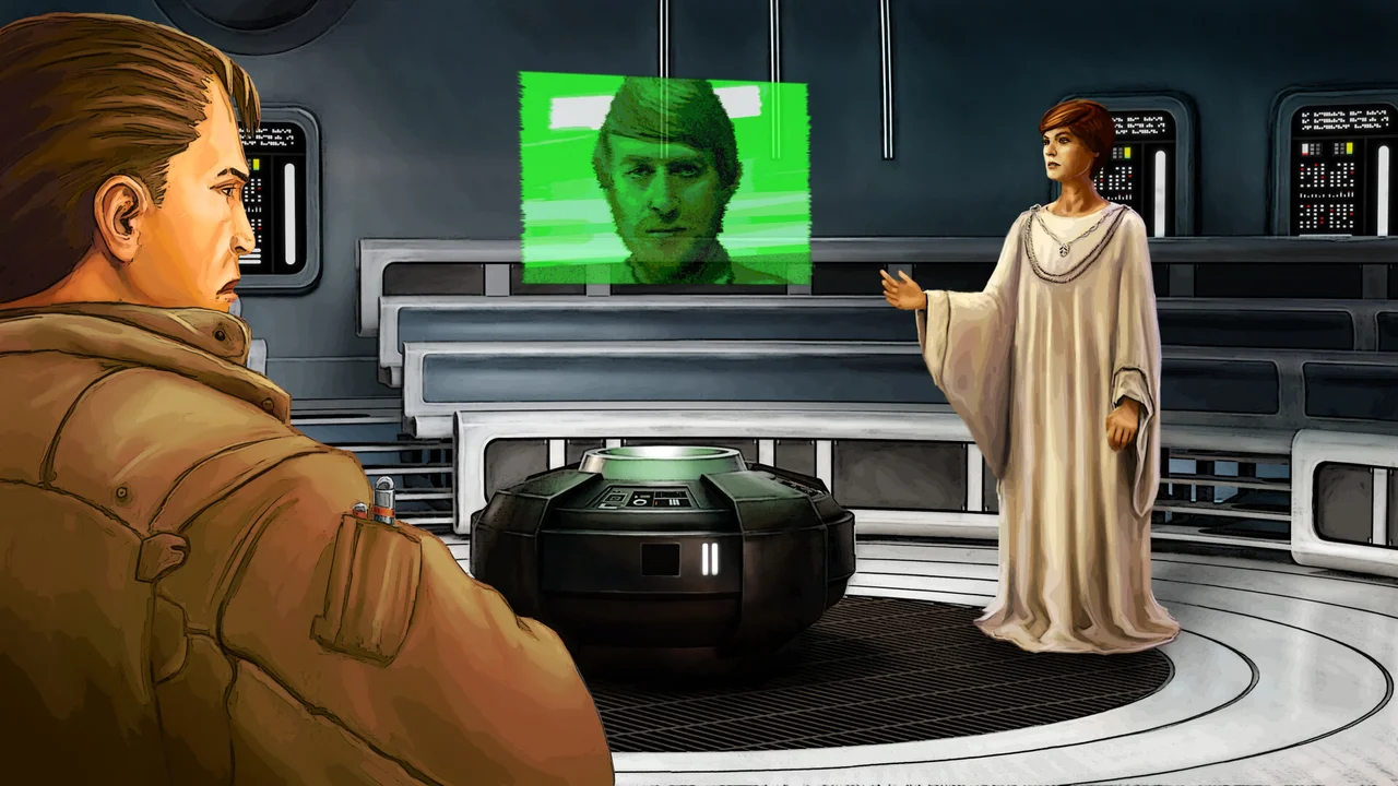 Kyle Katarn engaging Imperial stormtroopers with a Bryar pistol in Star Wars: Dark Forces Remaster