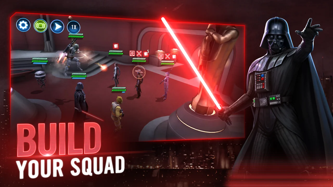 Turn-based squad battler arena combat with iconic Star Wars heroes and villains in Star Wars: Galaxy of Heroes