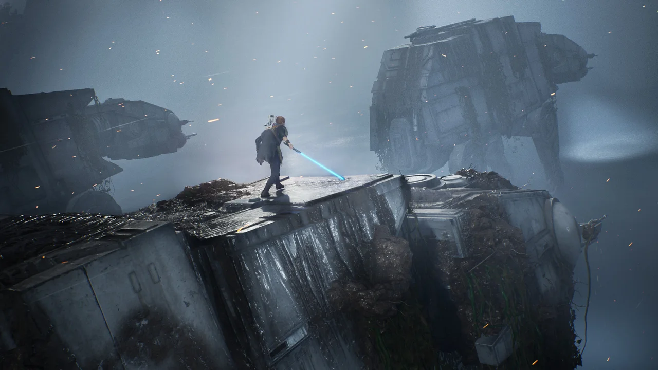 Cal Kestis and BD-1 exploring ancient Zeffo temple ruins in Star Wars Jedi: Fallen Order