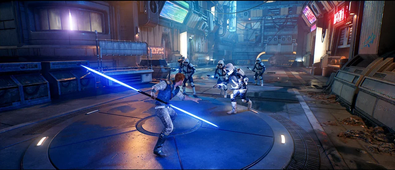 Cal Kestis wielding a dual lightsaber stance against Imperial stormtroopers in Star Wars Jedi: Survivor
