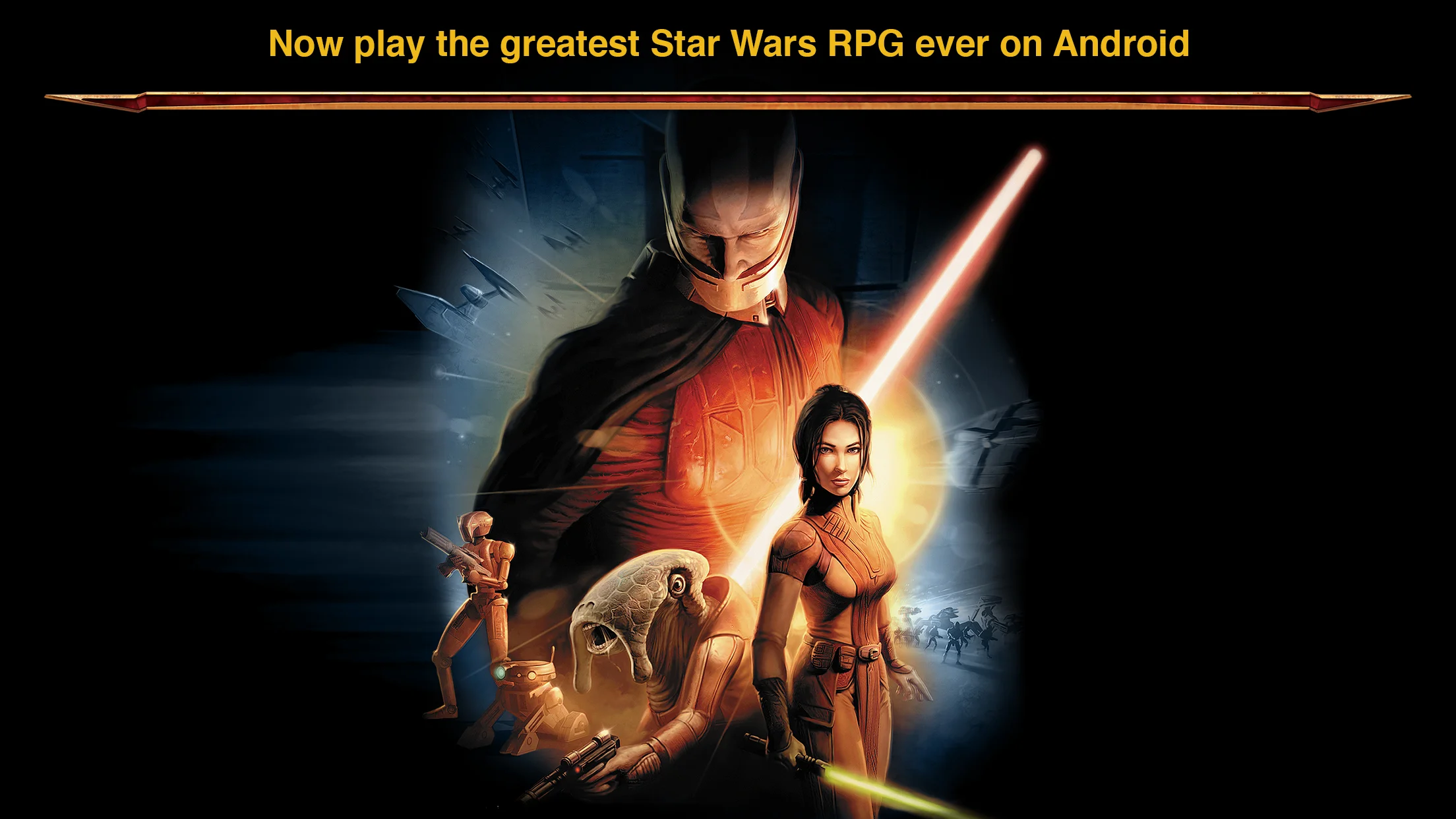 Gameplay screenshot of Star Wars: Knights of the Old Republic showing party-based lightsaber combat, Force powers, and alien worlds