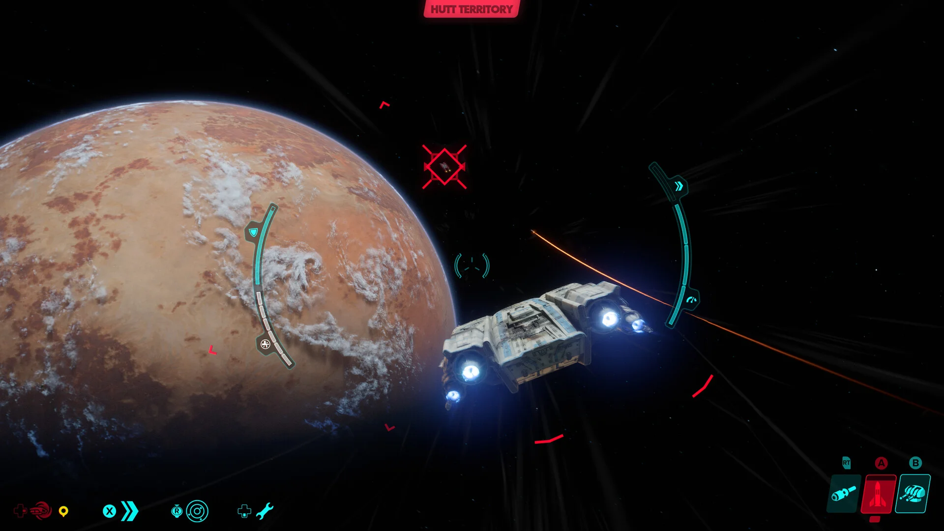 Scoundrel Kay Vess riding a speeder bike across the windy dunes of Toshara while trading blaster fire with syndicate mercenaries