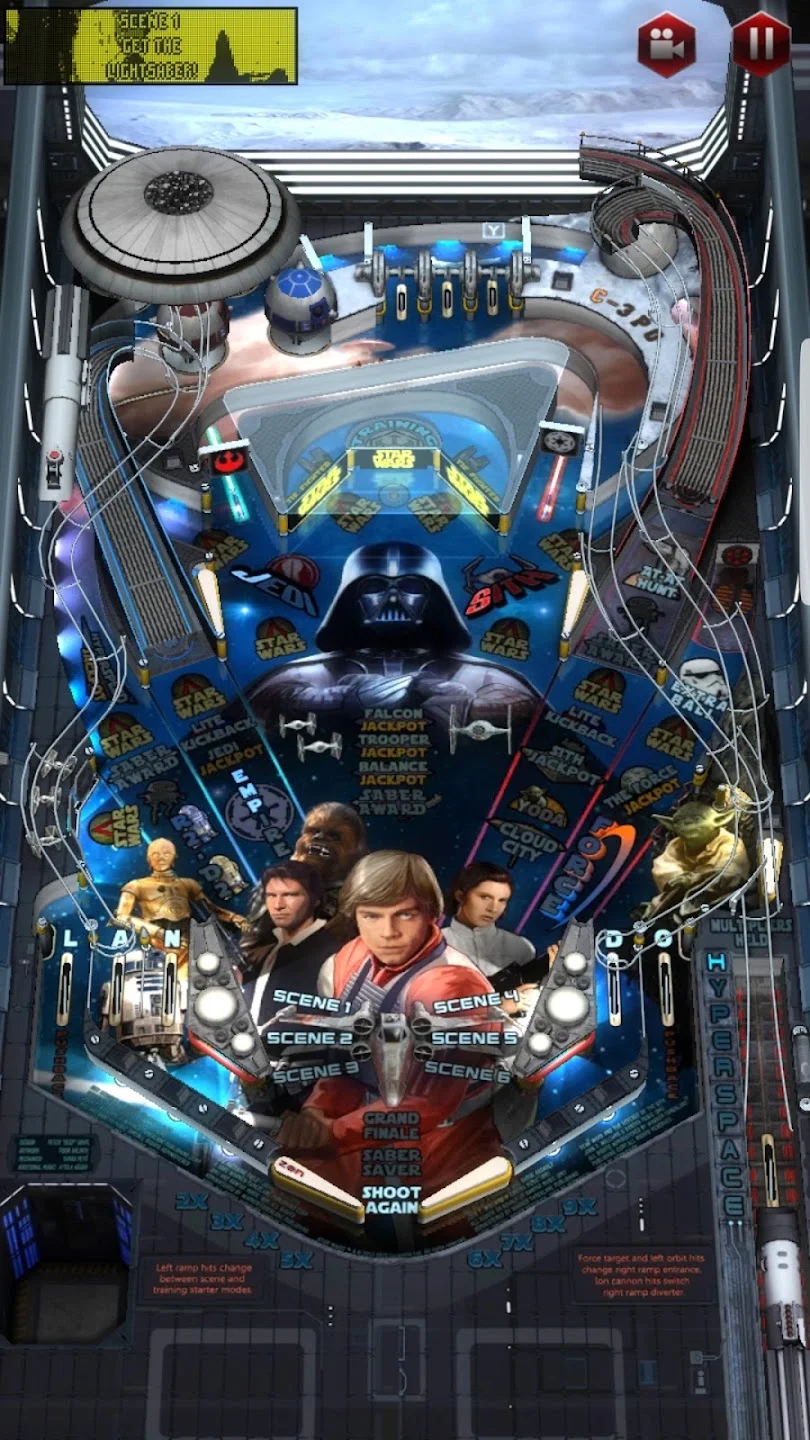Empire Strikes Back pinball table with animated Darth Vader and twin flippers in Star Wars Pinball 7