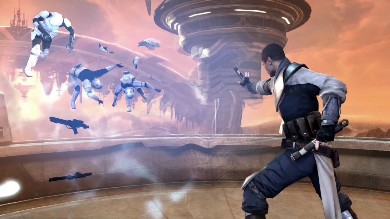 Starkiller slicing through stormtroopers with dual lightsabers in Star Wars: The Force Unleashed II