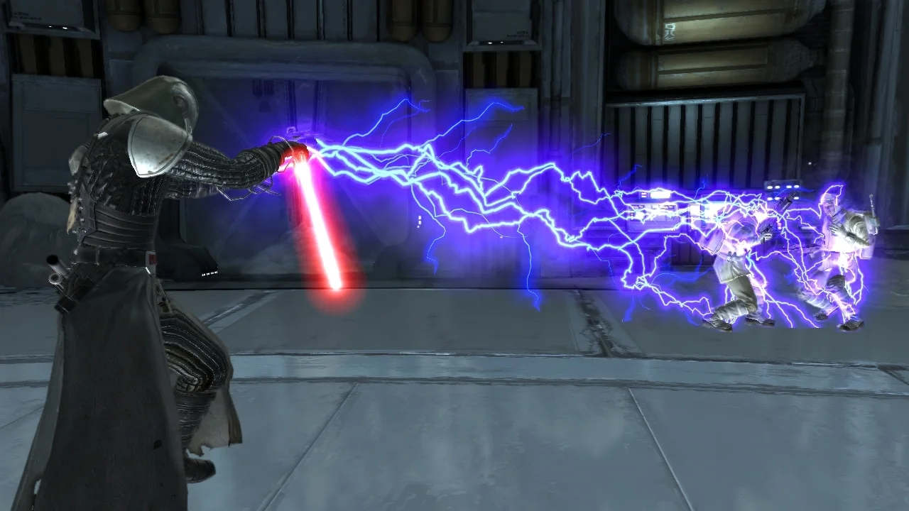 Starkiller unleashing kinetic Force lightning and telekinetic destruction on Imperial troops in Star Wars: The Force Unleashed