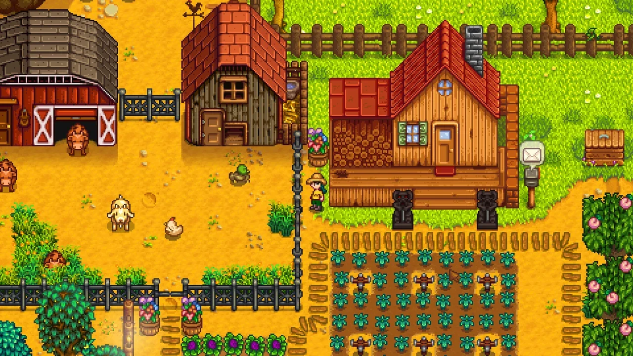 Stardew Valley gameplay showing a player tending crops and watering vegetable patches outside a wooden country farmhouse